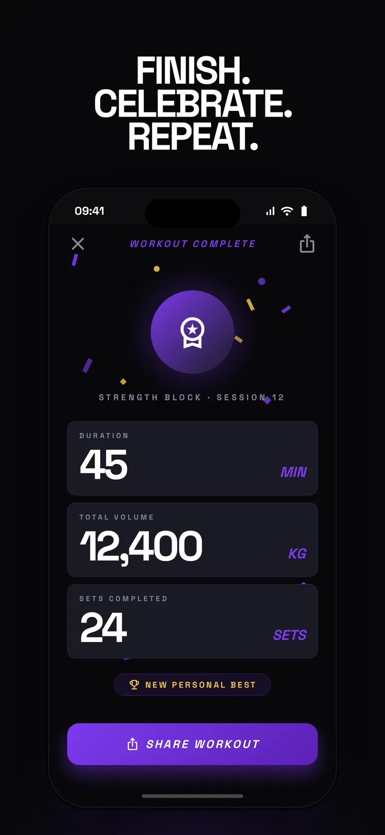 Workout complete — duration, volume, sets, new personal best